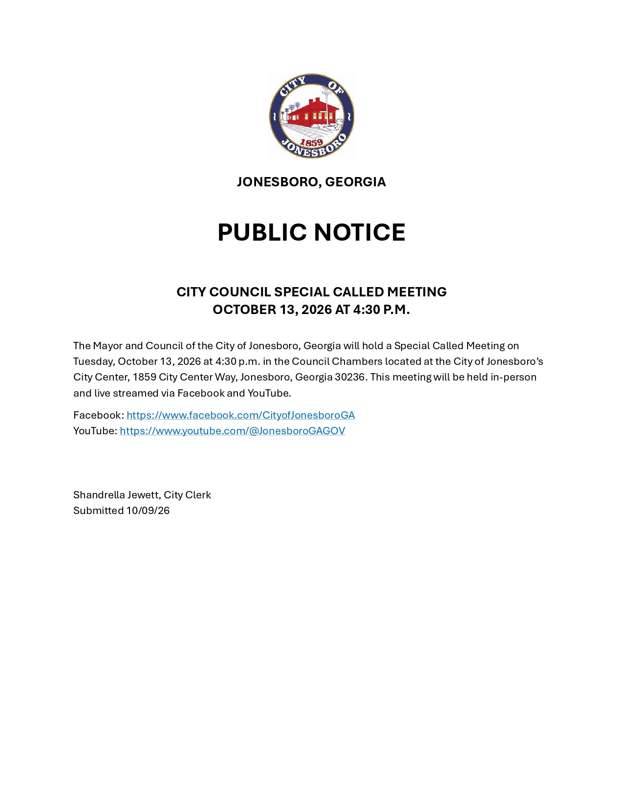 PUBLIC NOTICE - SPECIAL CALLED COUNCIL MEETING